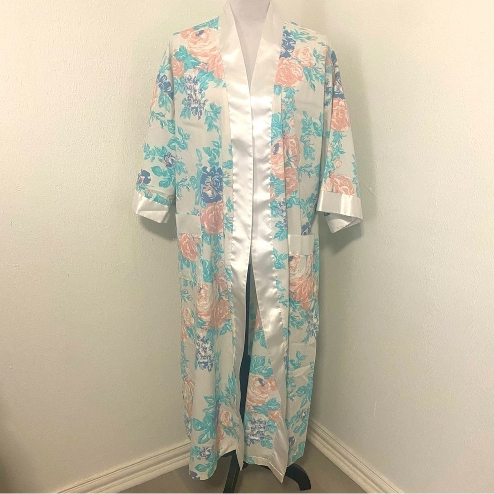 Vintage Apostrophe Maxi Floral Pattern Pink Blue White Robe OS With Tie Belt